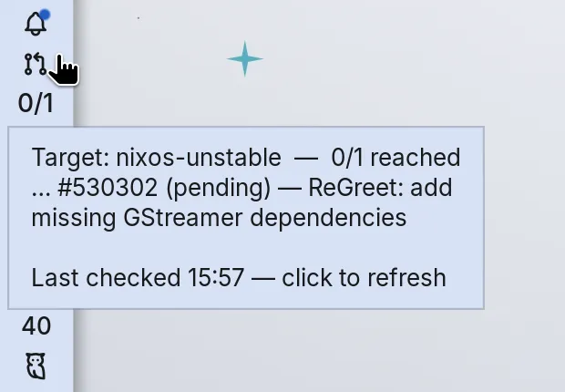 The nixos-tracker bar widget showing a 0/1 merged count, with its tooltip listing PR #530302 as still pending on nixos-unstable, and a "click to refresh" hint.
